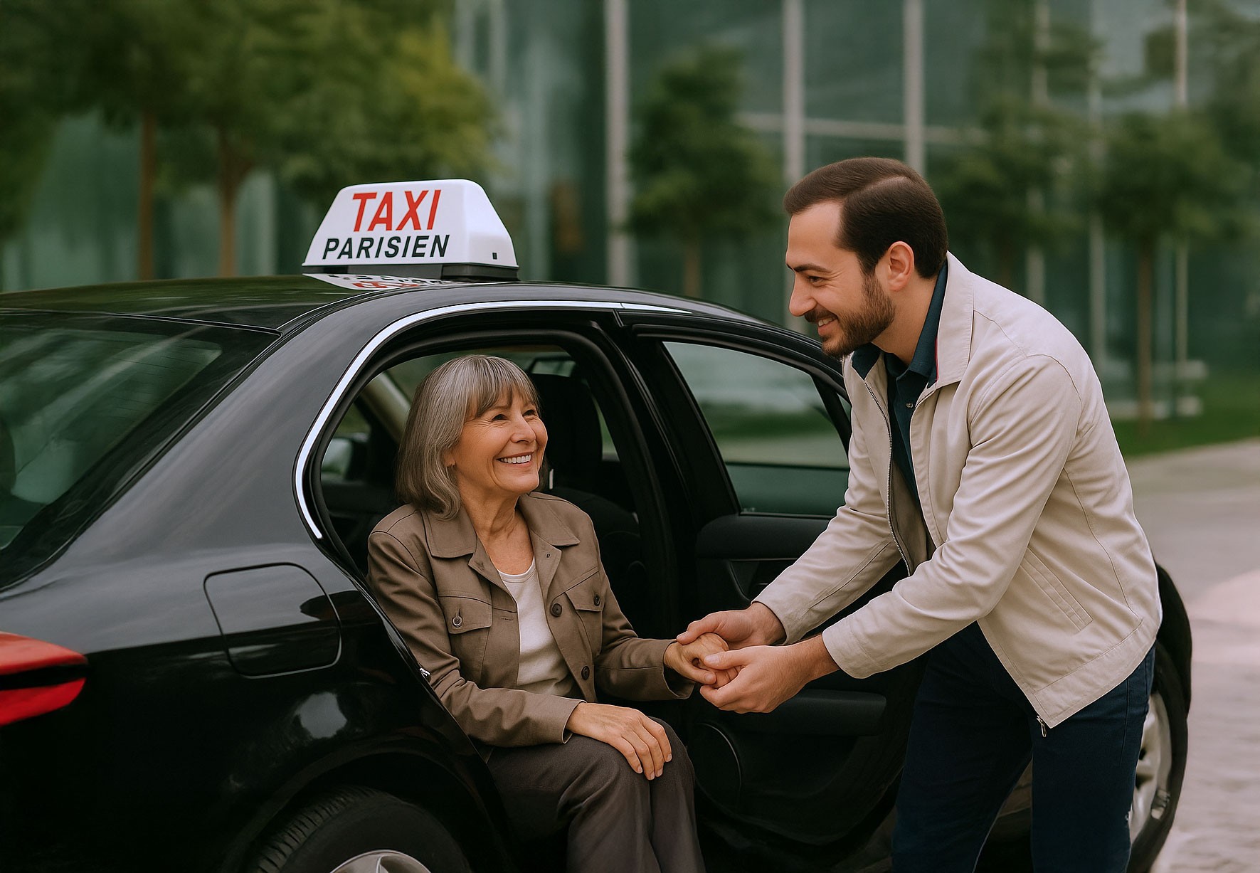 Photography d'un chauffeur de taxi qui aide un patient à sortir du taxi