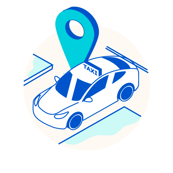Illustration d'un taxi dans une rue avec un icon pin