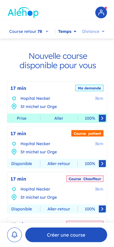 Illustration avec l'ecran de la liste de course que le taxi peuvent prendre