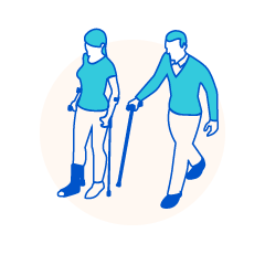 Illustration avec une personnes qui a une jambe dans le platre et une seconde personne agé avec une canne