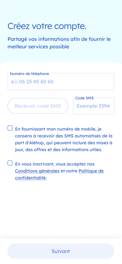écran de l'interface utilisateur pour les patients pour qu'ils puissent créer un compte
