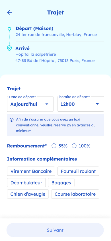 écran de l'interface utilisateur pour les patients pour qu'ils réservent un taxi conventionné