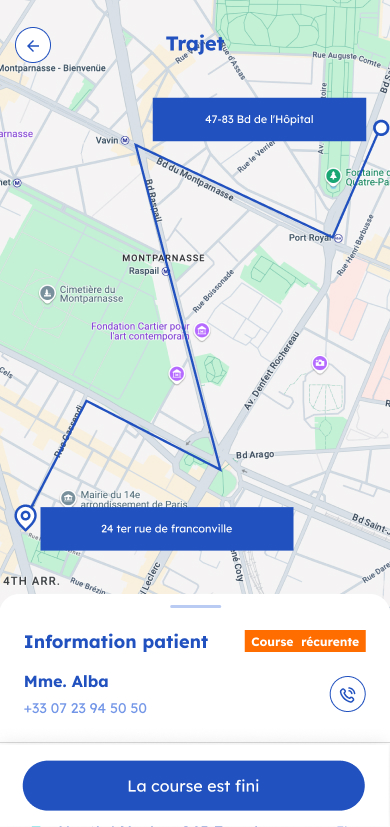 écran de l'interface utilisateur pour les patients pour qu'ils voient le trajet sur une carte